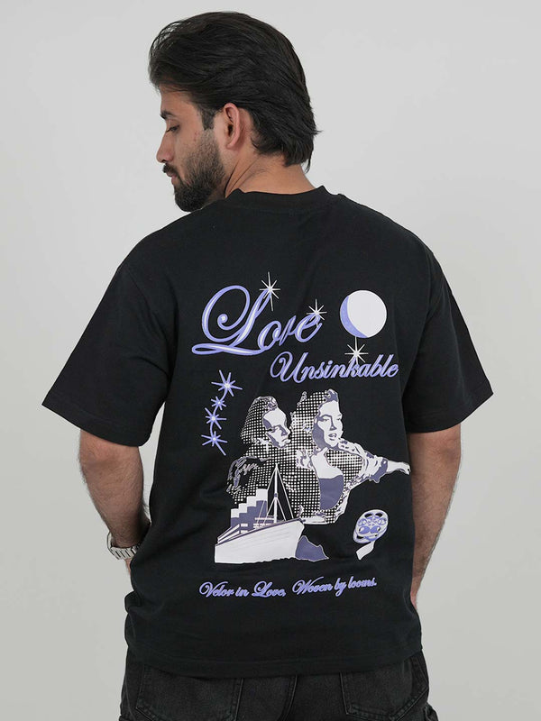Love Unsinkable Black Oversized Tee | 220 GSM 100% Cotton | Velor & Looms