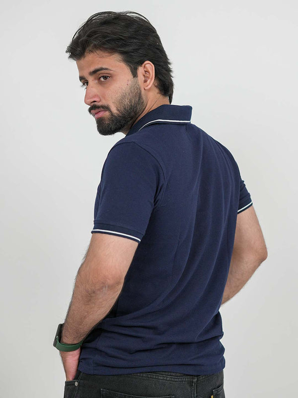Tipped Navy Blue Slim Fit Polo | 200 GSM Cotton Blend