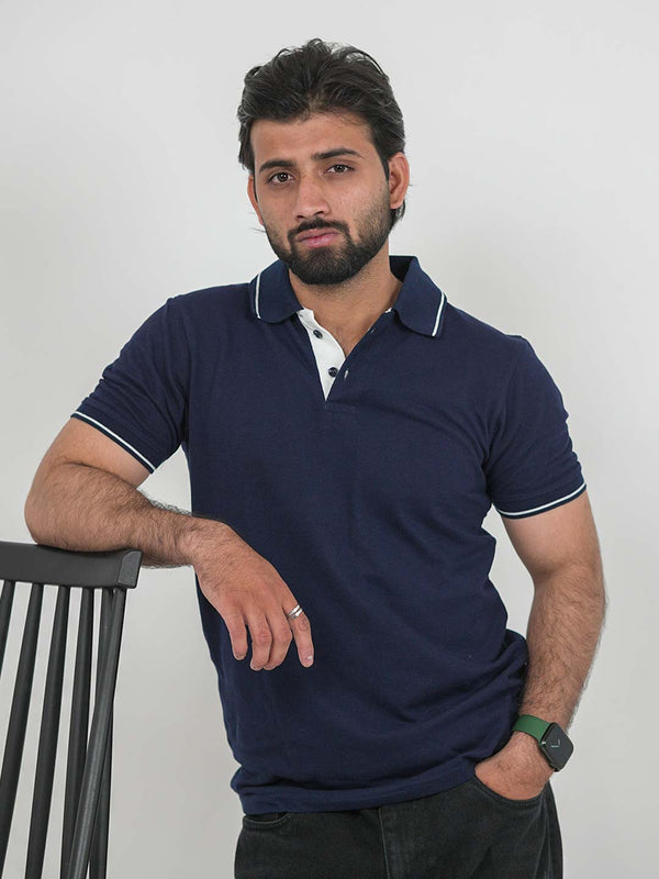 Tipped Navy Blue Slim Fit Polo | 200 GSM Cotton Blend