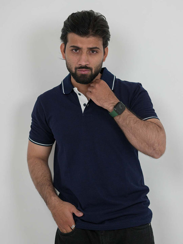 Tipped Navy Blue Slim Fit Polo | 200 GSM Cotton Blend