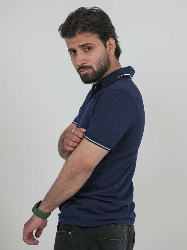 Tipped Navy Blue Slim Fit Polo | 200 GSM Cotton Blend