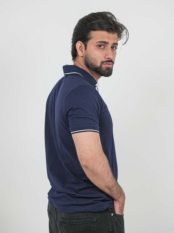 Tipped Navy Blue Slim Fit Polo | 200 GSM Cotton Blend