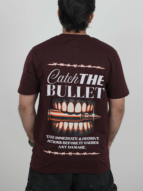 Catch The Bullet Maroon Oversized Graphic Tee | 220 GSM 100% Cotton