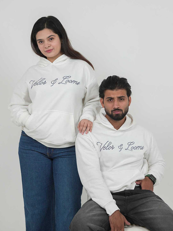 Velor & Looms Signature White Oversized Hoodie | Premium Fleece