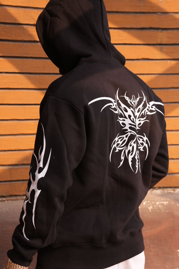 Tribal Black Oversized Graphic Hoodie | 400 GSM Premium Fleece