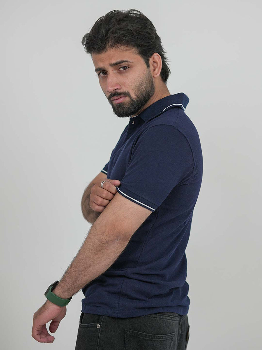 Tipped Navy Blue Slim Fit Polo | 200 GSM Cotton Blend