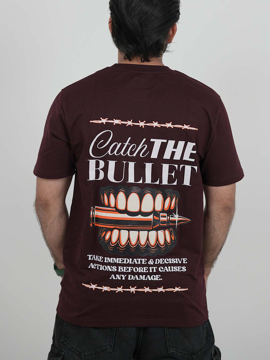 Catch The Bullet Maroon Oversized Graphic Tee | 220 GSM 100% Cotton