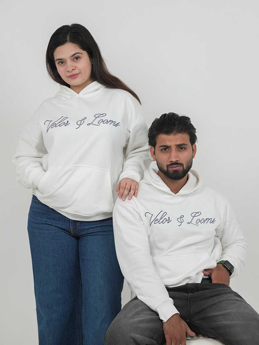 Velor & Looms Signature White Oversized Hoodie | Premium Fleece