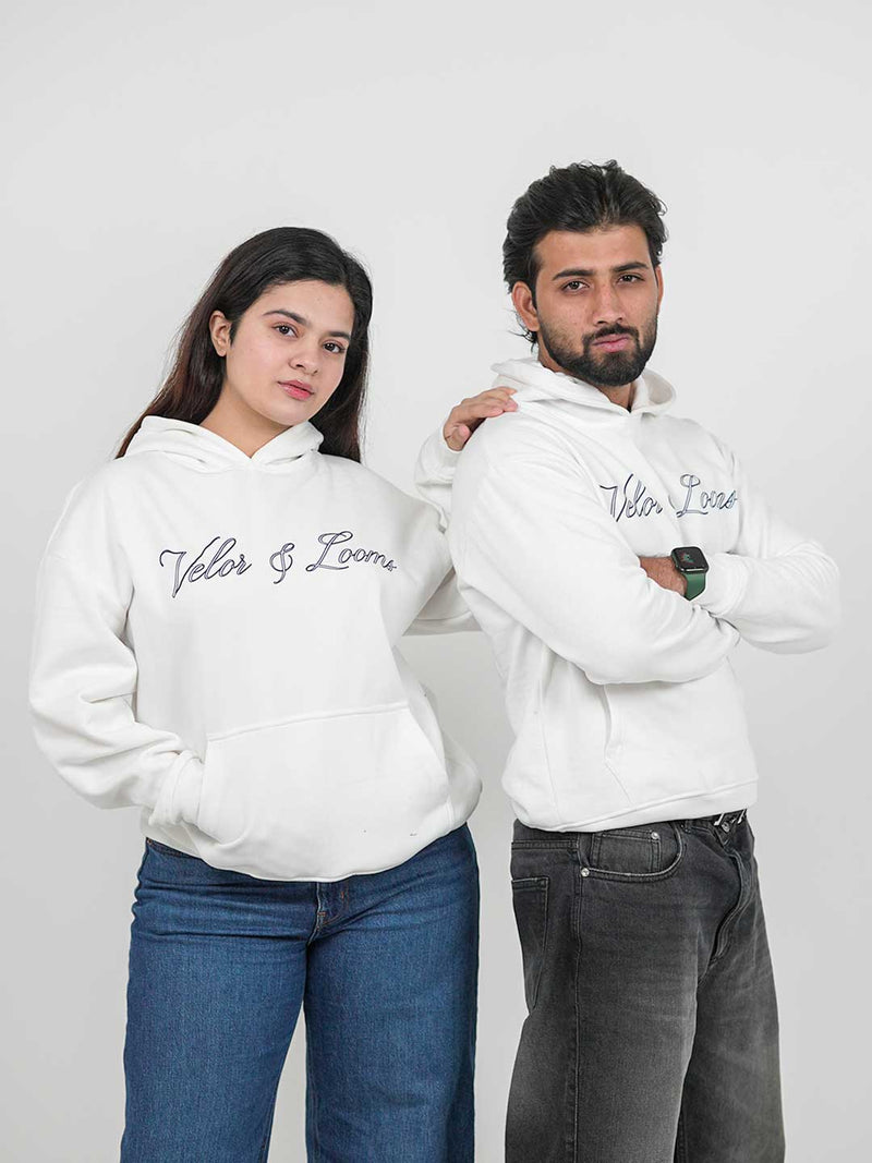Velor & Looms Signature White Oversized Hoodie | Premium Fleece